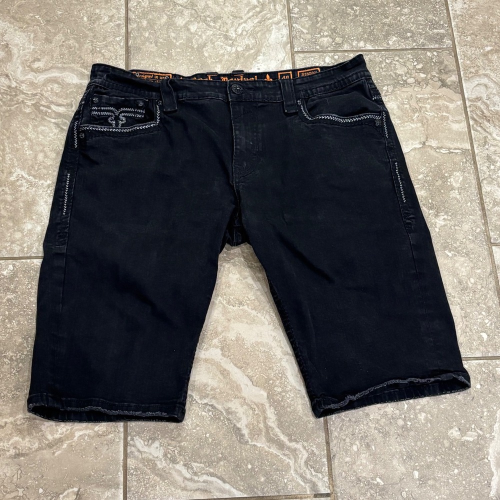 Rock Revival Stanley Black Denim Shorts Mens 40 Embroidered Fleur De Lis Stitch